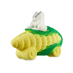 Beat The Clock Badger. An extravagant bath bomb in the shape of a classic black and white badger riding in a bright yellow and green car shaped like a corn cob complete with wheels.