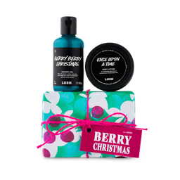 Berry Christmas. A colourful, wrapped gift box with Berry Berry Christmas shower gel and Once Upon A Time body lotion on top.