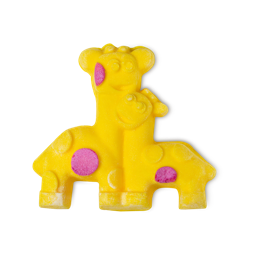 Besties. A bubble bar in the shape of two yellow giraffes with pink spots, joined at the neck as if cuddling.