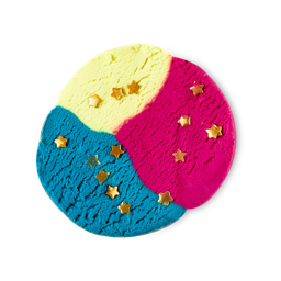 Big Bang (Create Your Own Universe), A play-doh textured circle of blue, yellow and pink sprinkled with small golden stars.