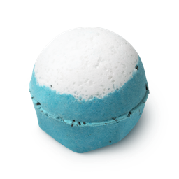 Big Blue. A turquoise, round bath bomb, topped with white. Sea salt is in the white and pieces of arame seaweed are in the blue.