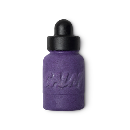 Big Bottle of Calm. A purple bubble bottle, with a black wax 'lid' and the word 'CALM' embossed across the middle of the bottle.