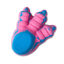 Big Foot bath bomb, a blue and pink monster foot with three toes.