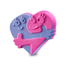 Big Squeeze. A heart-shaped bath bomb made of two characters embracing in a hug. One half is purple, the other is pink.