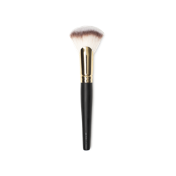 Biggest Fan Brush. A large fan brush for blending & powdering, with brown and white bristles and a gold and dark wooden handle.