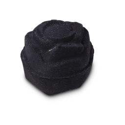 Black Rose. A black, glittery bath bomb, shaped like a rose, with a rounded base.