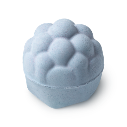 Blackberry. A baby blue bath bomb, round in shape but with a bumpy top half, resembling the surface of a blackberry!