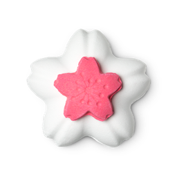 Blooming Beautiful. A cherry blossom-shaped, white-coloured bath bomb with a pink lid on top.