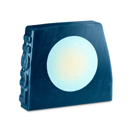 Blue Moon. A thick, trapezoid-shaped LUSH soap slice in a midnight-blue colour with a bright white circular moon in the centre. 