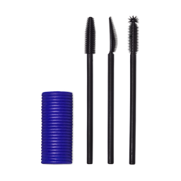 A Solid cylindrical block of blue mascara next to three different style mascara spoolie brushes.