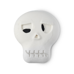 Bonehead bubble bar. A bright, white skull-shaped bubble bar with fun, wild, black eyes.