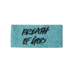 A turquoise blue, rectangular washcard, consisting of apple pulp, with 'Breath of God' written across it in black Lush writing.