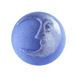Brother Moon. A perfectly round, enchanted purple colour bath bomb with an embossed crescent moon on the top, coated in shimmer silver lustre. 