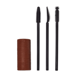 A Solid cylindrical block of brown mascara next to three different style mascara spoolie brushes.