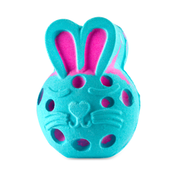 Bunny Moon. A vivid, blue bath bomb shaped like a bunny head with pink ears and a heart nose. There are large pink holes to represent craters. 