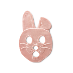 Bunny. A pale, shimmery-pink face masked in the shape of a bunny complete with ears, teeth and nose. There are holes for the eyes, nose and mouth. 