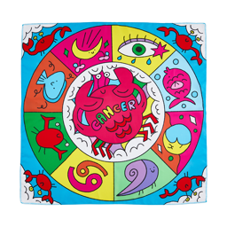 Cancer. A playfully fun, square knot wrap with clouds and crabs on blue skies on each corner. There is a large red crab in the centre of a colourfully banded circle filled with aquatic creatures and affiliations. 