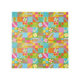Candy Box. A square Lokta wrap designed with colourful, small squares of dots, swirls and candy pieces.