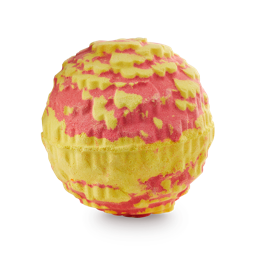 Cempasúchil. A round bath bomb with bright yellow and red swirls represents a traditional Mexican Marigold. 