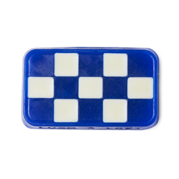 Checked In, a rectangular soap with a white and blue checkered pattern.