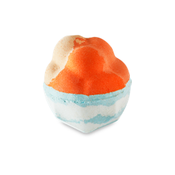 Chelsea Morning. A split-colour bath bomb with an almost rounded cloud-like surface on top with vivid orange colours while the bottom is sky blue and white.