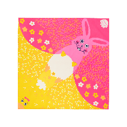 Chirpy Chirpy Hop Hop, a square knot wrap with half being a yellow chick, half a pink bunny.