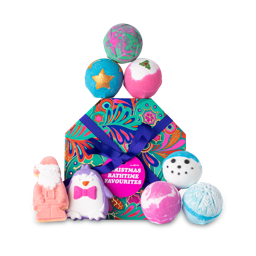 Christmas Bathtime Favourites. A hexagonal, colourful gift box with 8 Christmas products around the edge. 