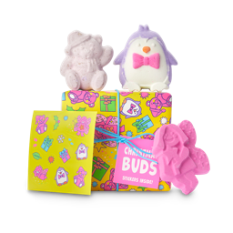 Christmas Buds. A yellow Christmas-themed gift box with the Butterbear, Snow Fairy and Penguin bath bombs on top. 