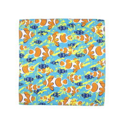 Clown Fish Knot Wrap. A turqouise blue, square Knot Wrap, featuring lots of orange and white Clown Fish at the forefront.