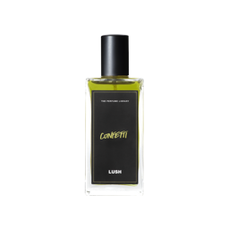 A glass perfume bottle filled with lime green liquid. A black label reads 'The Perfume Library' and 'Confetti'.