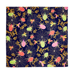 Creepy Crawlies knot wrap. Patterned with scattered spider webs, brightly coloured bugs and small branches on a dark base.