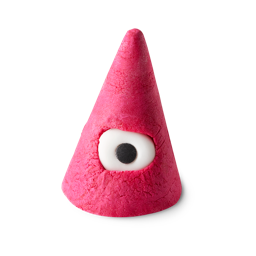 Cyclops bubble bar, a pinky red cone with one white eye and black pupil.