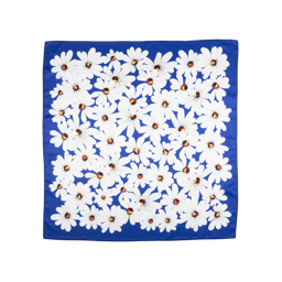 Daisy Knot Wrap, white daisies cover a blue background on this square Knot Wrap.