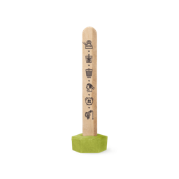 H.O.T. A lime green, hexangonal (currently) solid oil hair treatment, on the end of a wooden stick, printed with instructions.