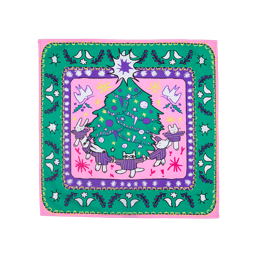 Dancing Around The Christmas Tree. A square, pink knot wrap depicting white cats and rabbits dancing around a central tree. 
