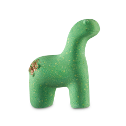 Dinosaur in a Crisis. A simple, Brachiosaurus-shaped green bath bomb with subtle yellow specks and golden flakes just appearing on the back. 