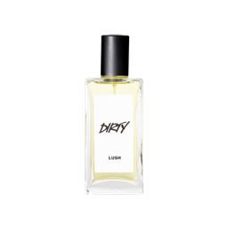 A glass perfume bottle filled with ivory coloured liquid. A white label reads 'Dirty'.