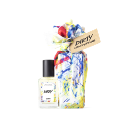 Dirty. A perfume bottle, wrapped in an artistic white, blue, yellow, orange and red knot wrap, complete with a brown gift tag.