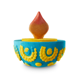 Diya. This bath bomb/melt resembles a lit Diya candle with a blue base, yellow centre and a solid oil flame.