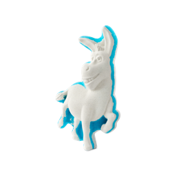 Donkey. A fun, white bath bomb shaped like the beloved Donkey character from the Shrek films, mid-trot. There is a strip of vibrant blue running through the bath bomb. 