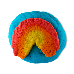 Dorothy. A colourful, fun bubble bar comprised of a soft, blue base, with a red orange and yellow rainbow shape on top.