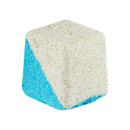 Dream Cream. A rounded, cube-shaped bath bomb with a lower diagonal half of vivid blue and the top is crisp white. There are visible flecks of Epsom salt throughout.