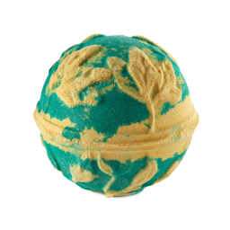 Druid of Bath. A deep, forest-green bath bomb with details of golden leaves and vines covering the surface. 