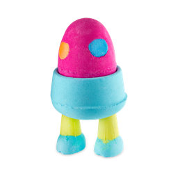 Eggs on Legs. A fun, two-part bath bomb consisting of a pink, spotty egg sat inside a blue egg cup with yellow legs. 