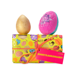 Eggstraordinary! Rectangular gift. Gold, spotty, striped eggs and hens on yellow backdrop, orange cord and pink rectangular tag.