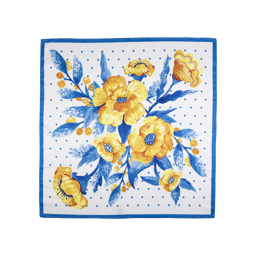 Emma Knot Wrap, yellow flowers with blue leaves decorate this white Knot Wrap, with blue polka dots surrounding it. 