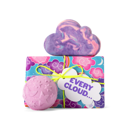 Every Cloud. A rectangular box, wrapped in Akaya paper featuring pink and purple clouds, tied with yellow cord and a gift tag.