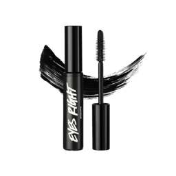 A tube and wand of Eyes Right mascara, both made of black Lush plastic, are positioned in front of a swatch of black mascara.