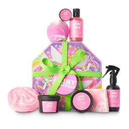Fairy Christmas. A pink, hexagonal-shaped gift box with 8 Snow Fairy products around the edge. 