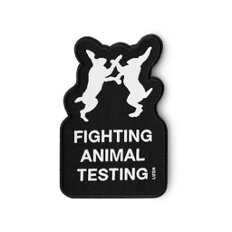 Iron-on patch is shaped around the fighting bunny logo and detailed in black with "Fighting Animal Testing" text in white.